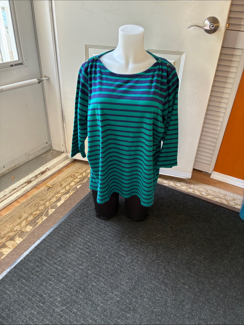 Lands' End Striped Boatneck Top in Teal and Navy